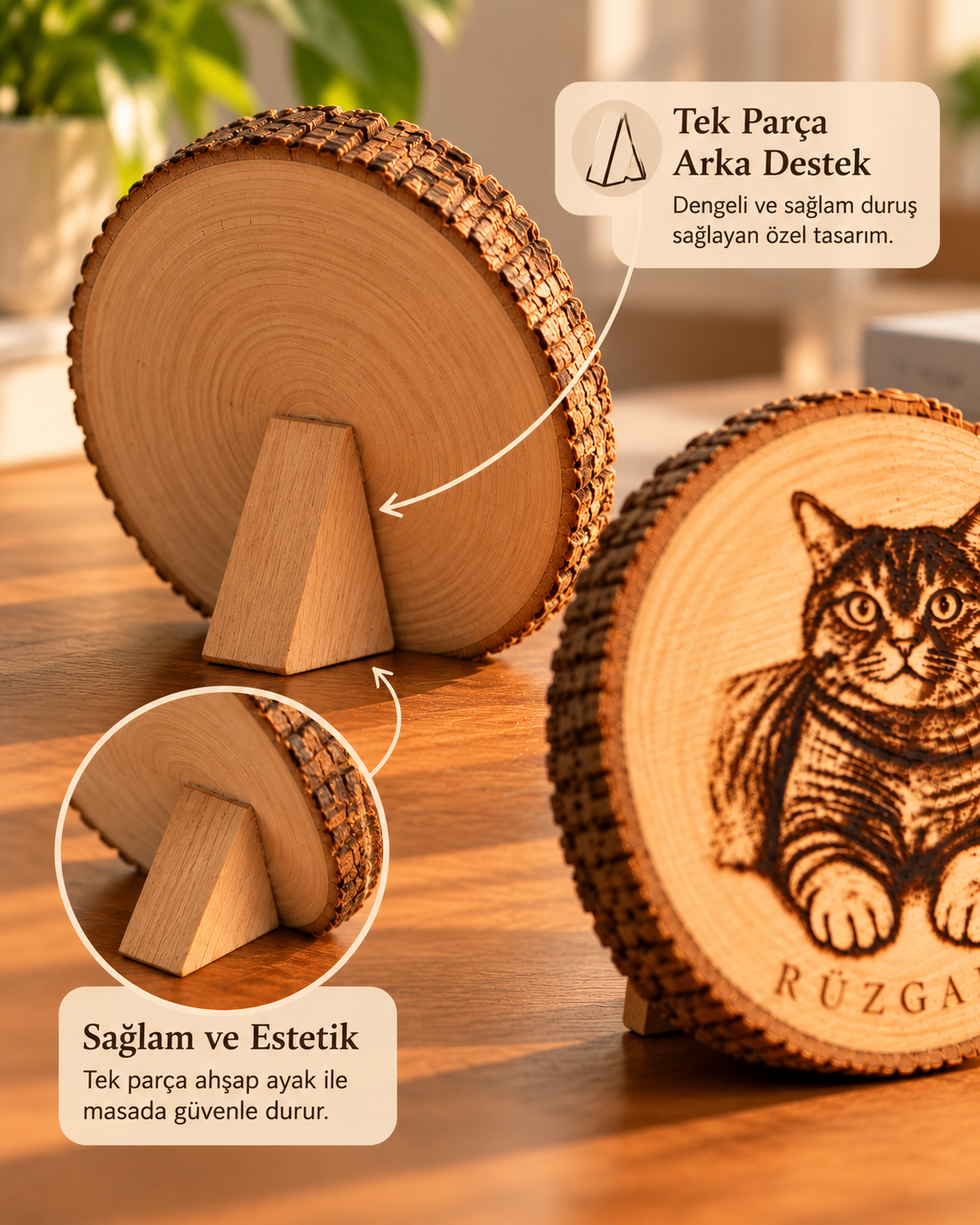 Ahşap tablonun arkası ve tek parça ahşap masaüstü destek ayağı