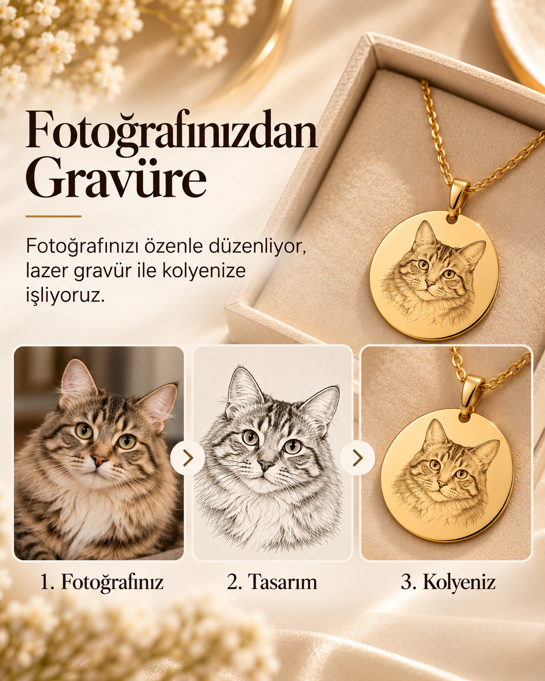 Fotoğraf, çizim ve gravür aşamalarını anlatan temsili kolye görseli