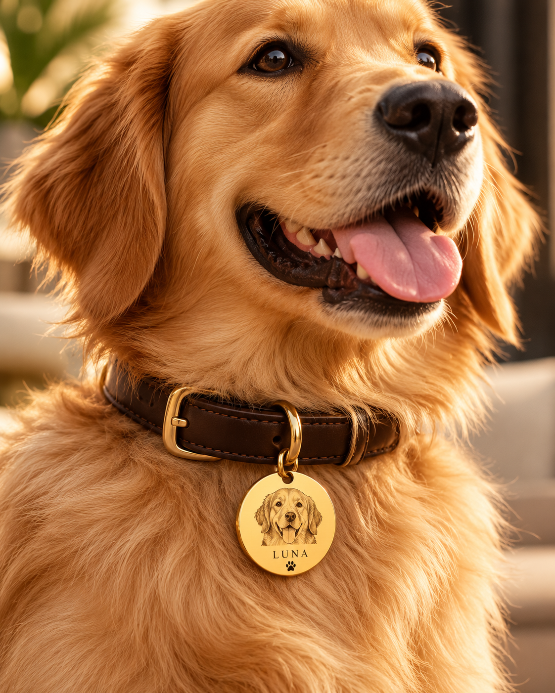 Pawiera altın renk QR künye köpeğin tasmasında; temsili kullanım görseli