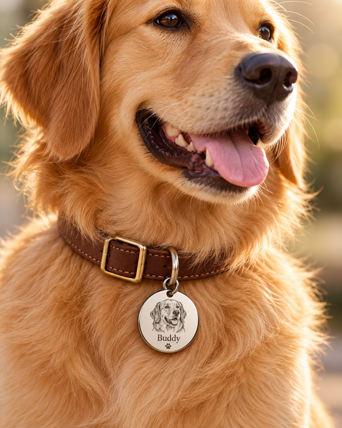 Pawiera gümüş renk QR künye köpeğin tasmasında; temsili kullanım görseli